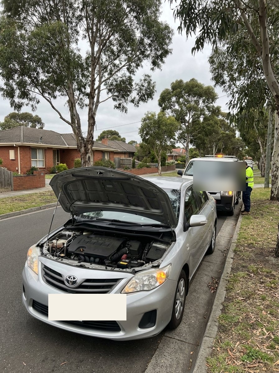 Silver 2009 Toyota Corolla parked on a Melbourne suburban street with hood up, awaiting pickup
